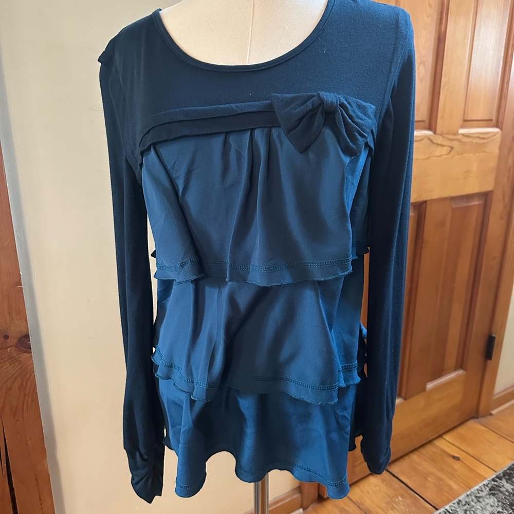 Esley Navy Ruffle Blouse with Bow Accent